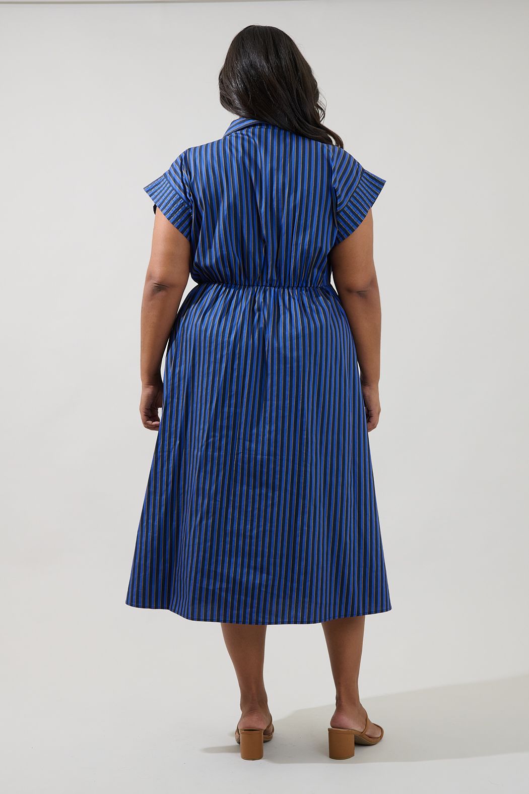 Navy Striped Button Up Midi Dress