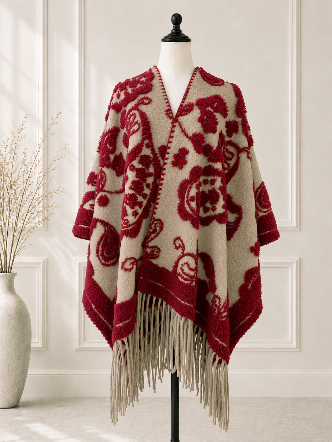 Red Boho 3D Textured Paisley Fringe Ruana Cardigan