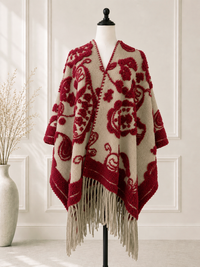 Red Boho 3D Textured Paisley Fringe Ruana Cardigan