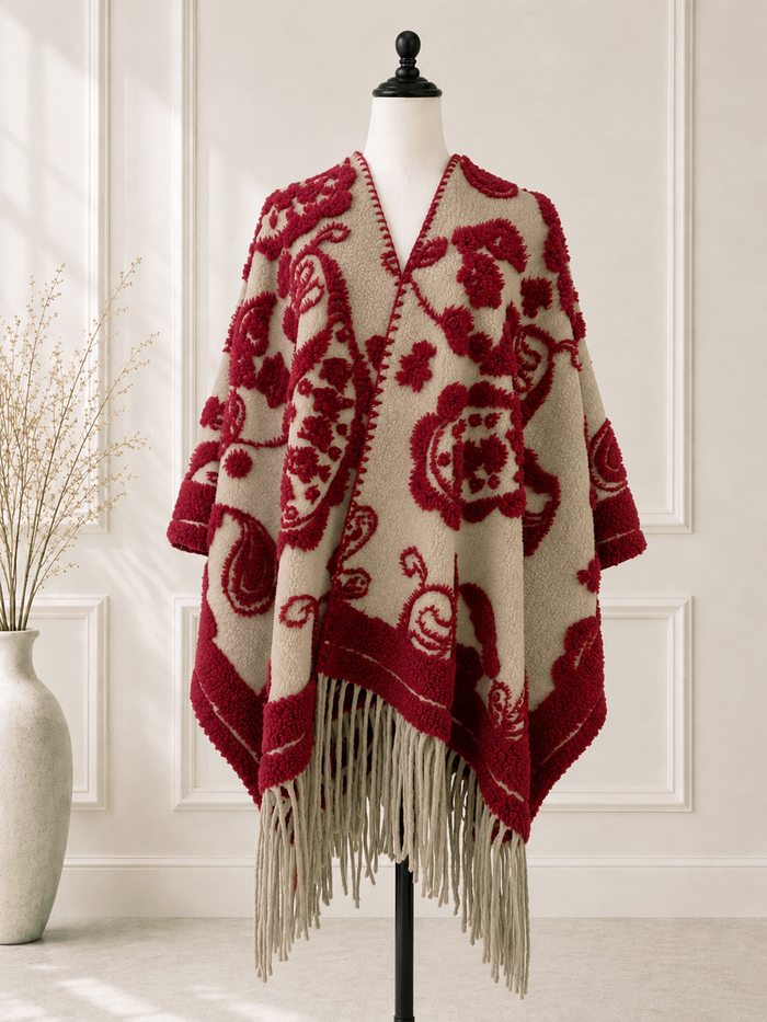 Red Boho 3D Textured Paisley Fringe Ruana Cardigan