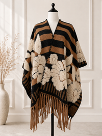 Brown 3D Floral Fringe Ruana Cardigan