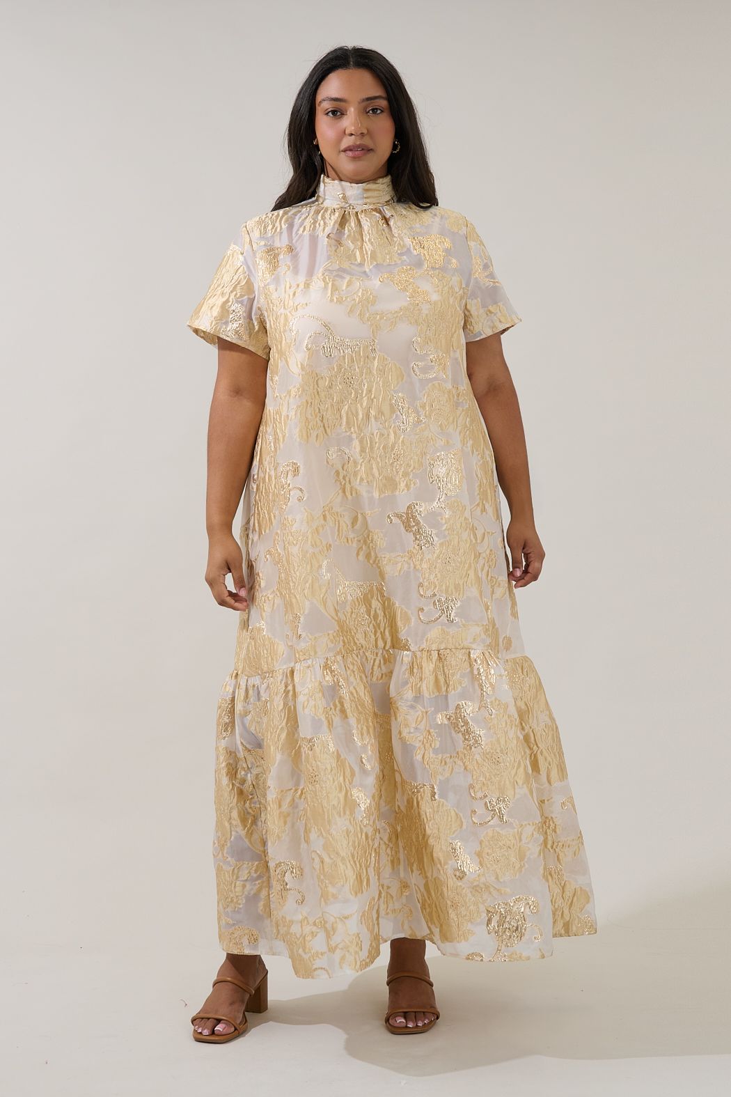 Mimy Gold Jacquard Organza Maxi Dress
