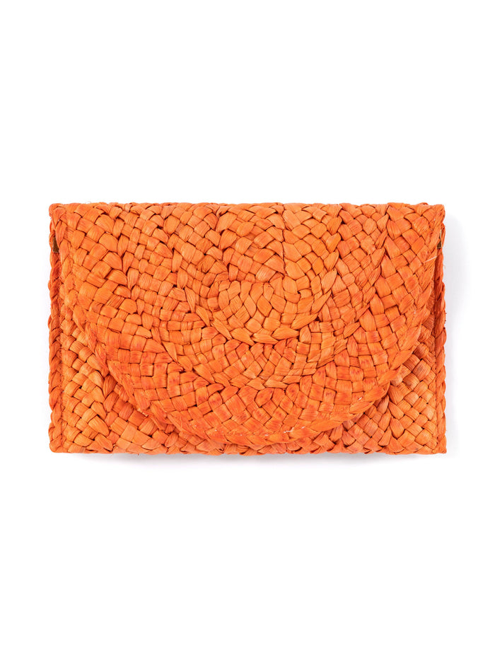 Orange woven clutch bag on a white background