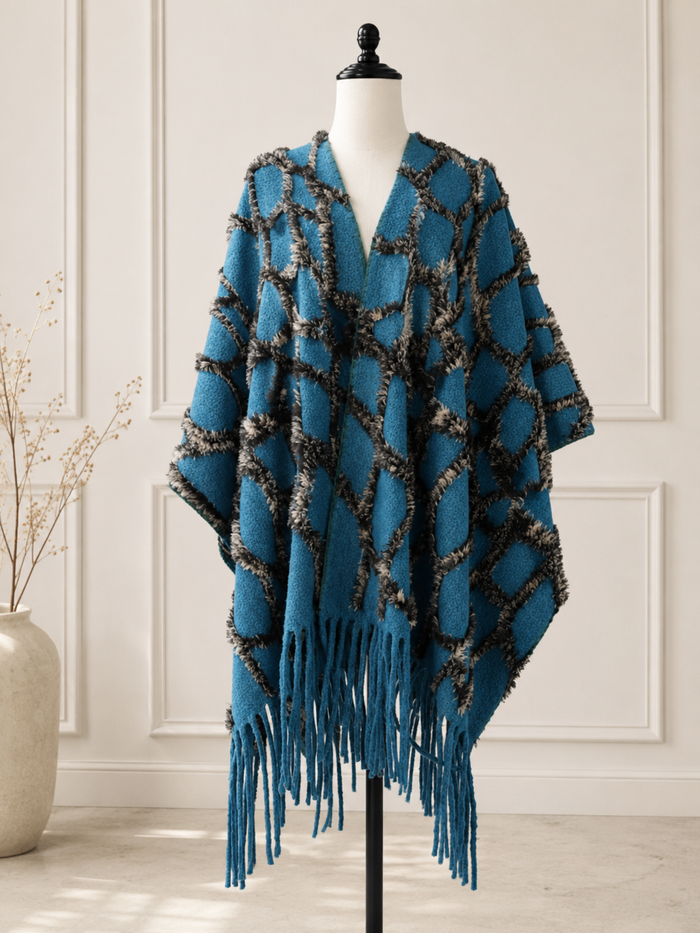 Teal Boho 3D Textured Diamond Fringe Ruana Cardigan