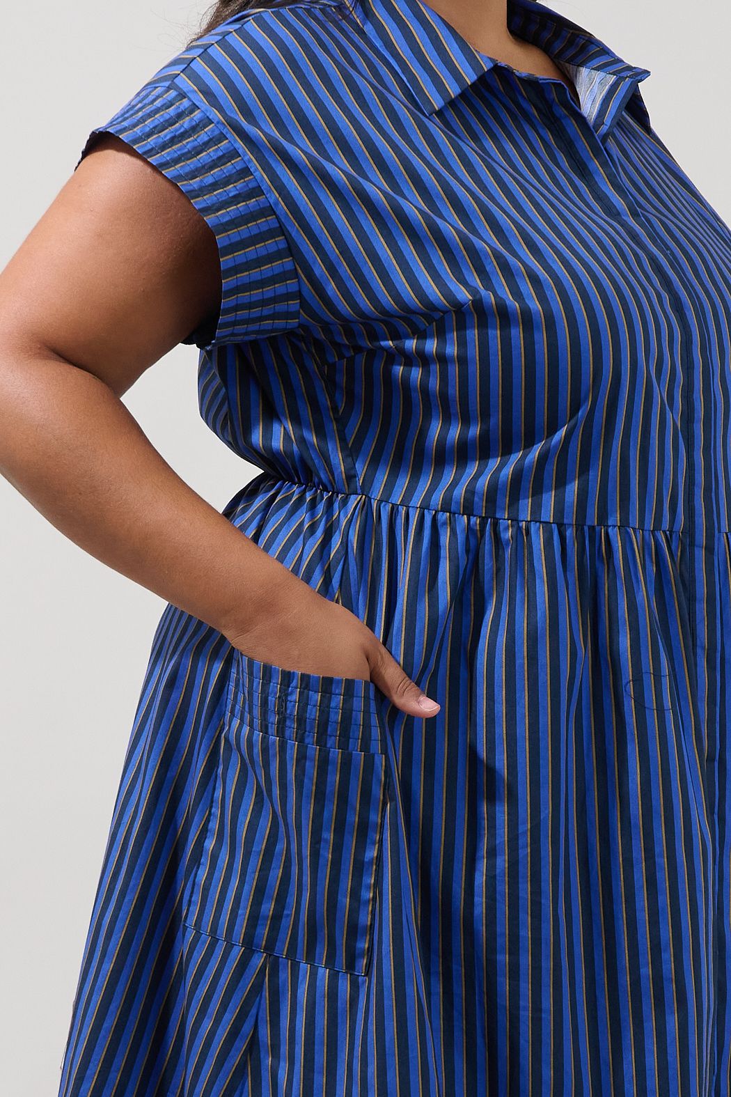 Navy Striped Button Up Midi Dress