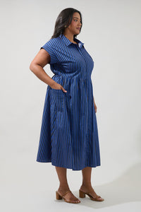 Navy Striped Button Up Midi Dress