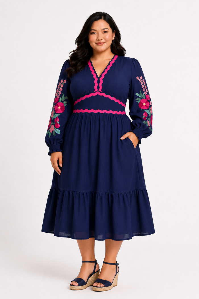 Navy and Pink Embroidered Tiered Midi Dress