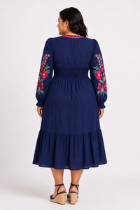 Navy and Pink Embroidered Tiered Midi Dress