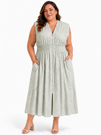 Green Floral Zip-Front Midi Dress