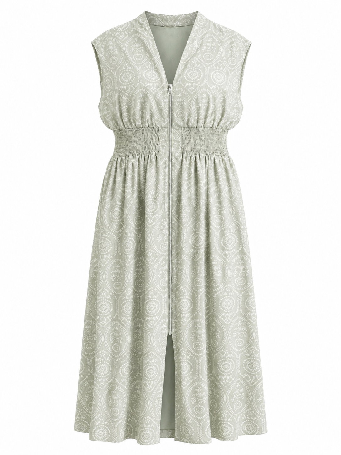 Green Floral Zip-Front Midi Dress