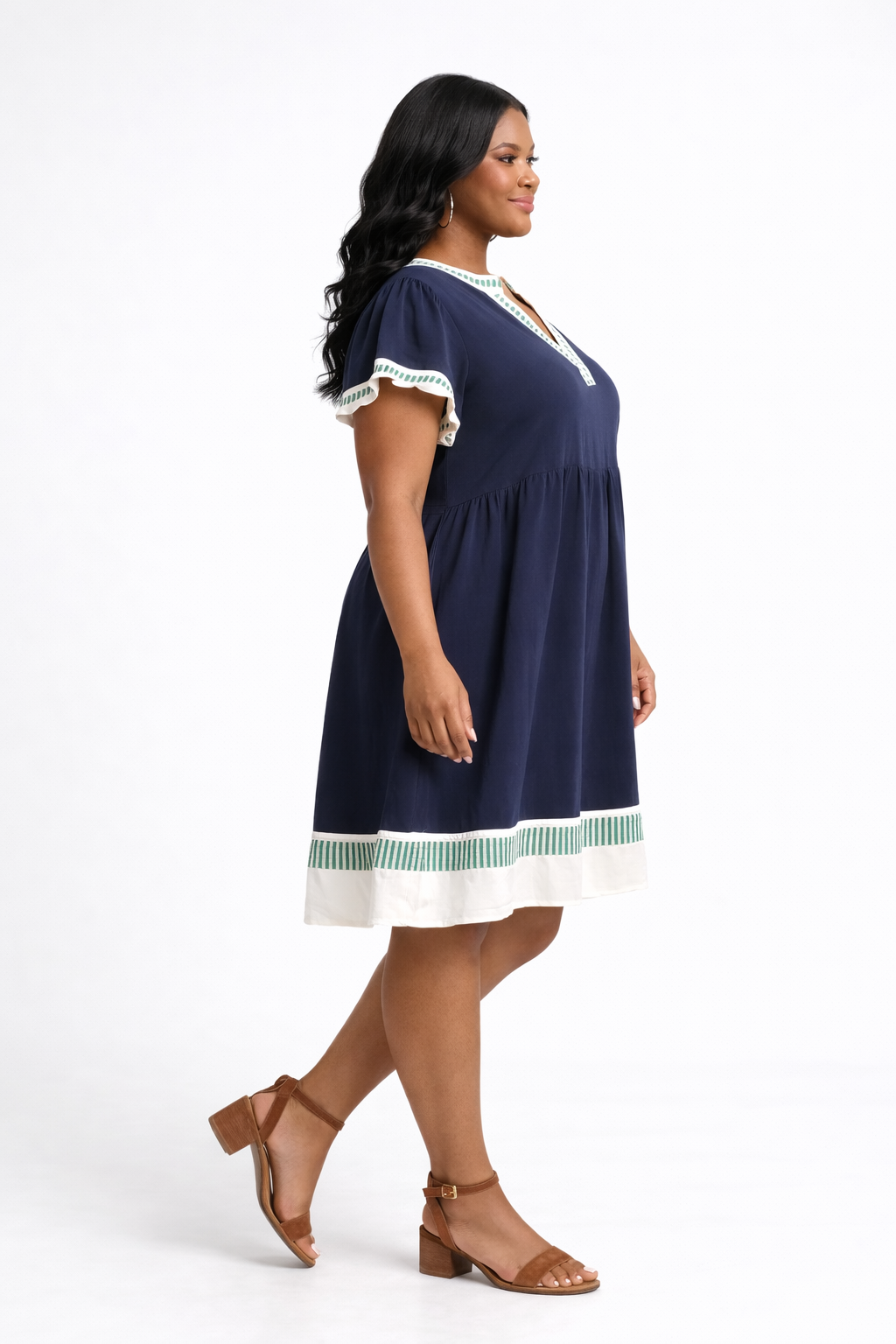 Navy Linen Color Block Flutter Sleeve Dress