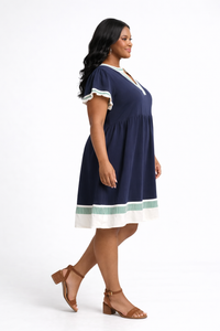 Navy Linen Color Block Flutter Sleeve Dress