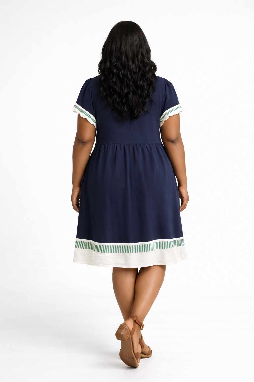 Navy Linen Color Block Flutter Sleeve Dress
