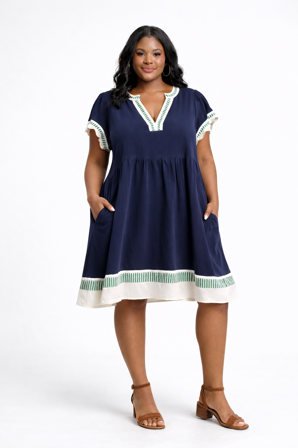 Navy Linen Color Block Flutter Sleeve Dress