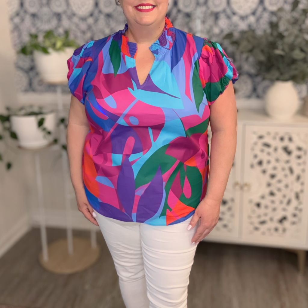 Vemmy Abstract Poly Smocked Top