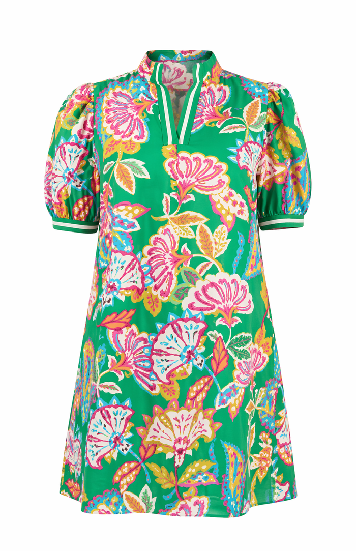 Green Jacquard Paisley Print Puff Sleeve Tunic Dress