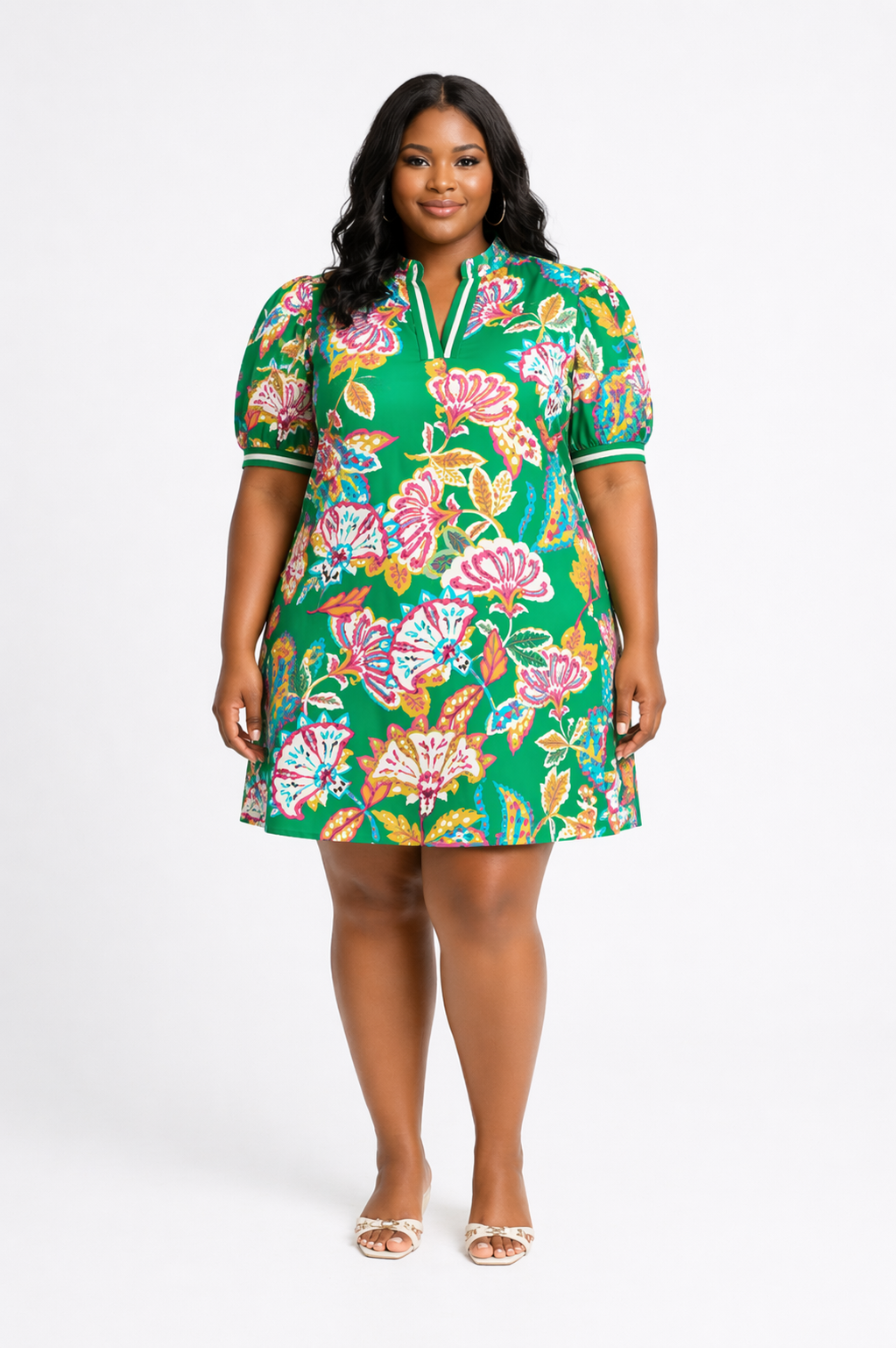 Green Jacquard Paisley Print Puff Sleeve Tunic Dress