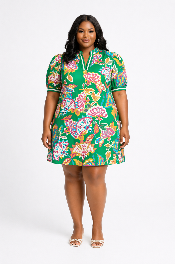 Green Jacquard Paisley Print Puff Sleeve Tunic Dress