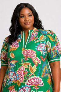 Green Jacquard Paisley Print Puff Sleeve Tunic Dress