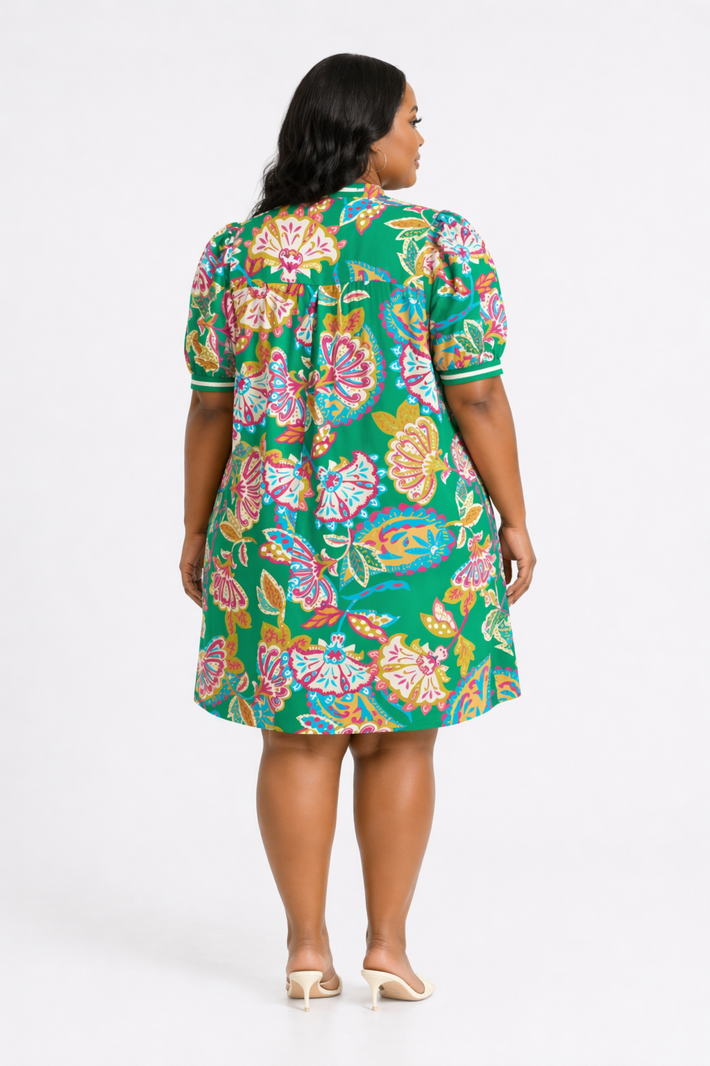 Green Jacquard Paisley Print Puff Sleeve Tunic Dress