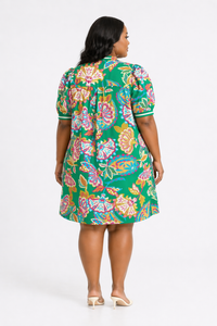 Green Jacquard Paisley Print Puff Sleeve Tunic Dress
