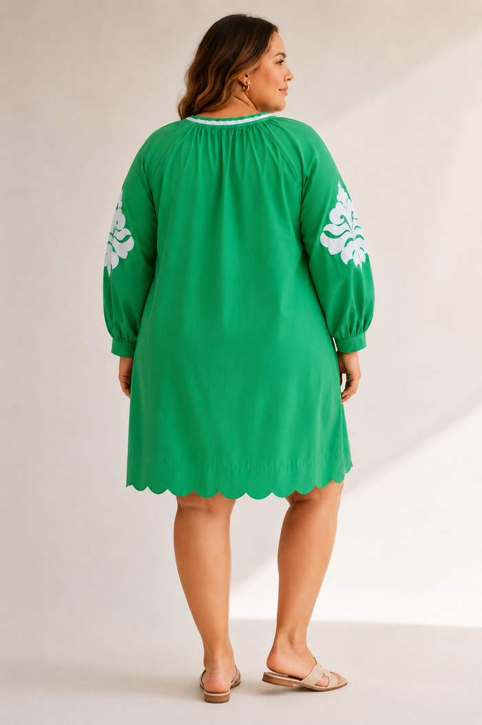 Green Embroidered Cotton Mini Dress