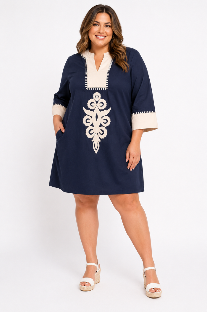 Navy Embroidered Cotton Mini Dress