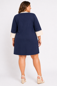 Navy Embroidered Cotton Mini Dress