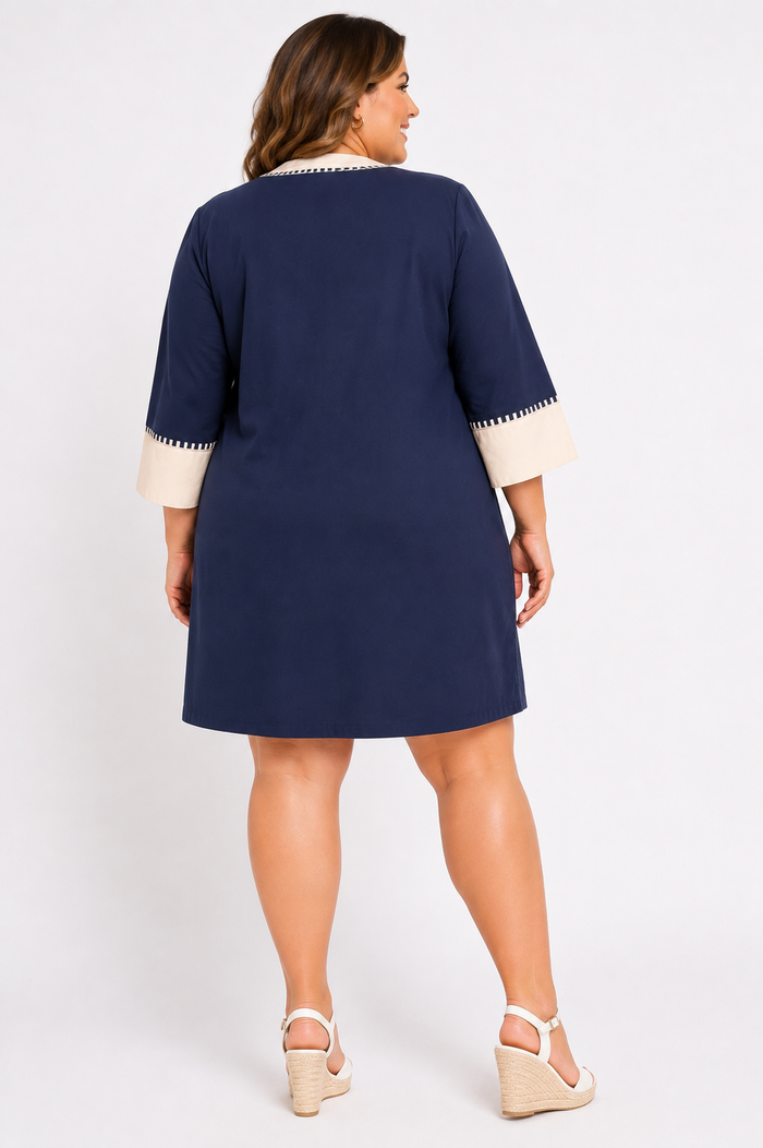 Navy Embroidered Cotton Mini Dress