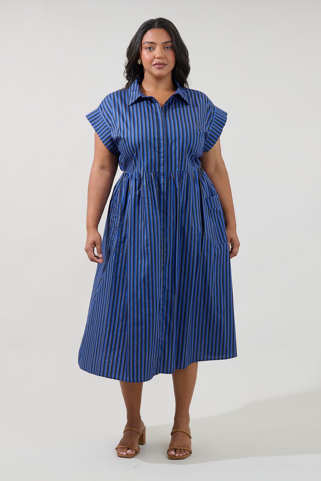 Navy Striped Button Up Midi Dress