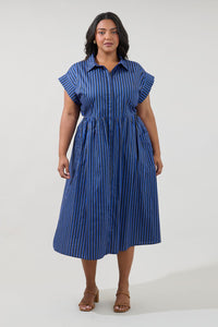 Navy Striped Button Up Midi Dress