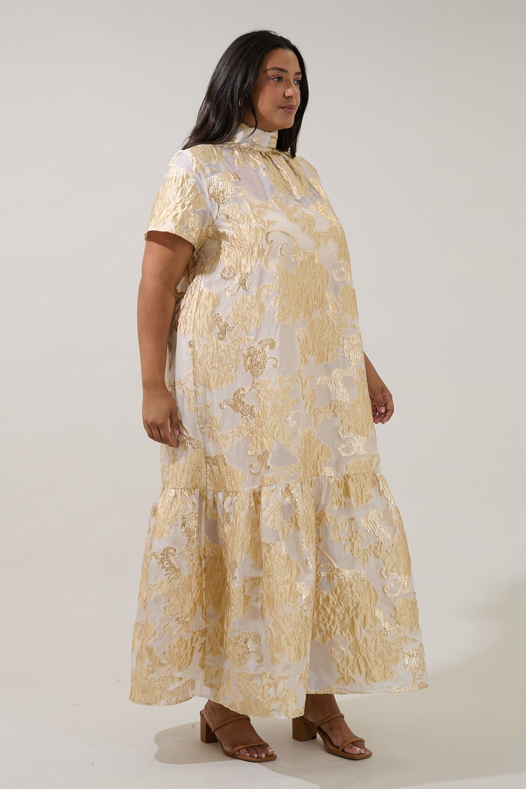 Mimy Gold Jacquard Organza Maxi Dress