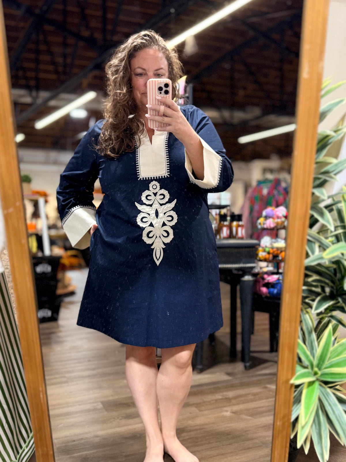 Navy Embroidered Cotton Mini Dress