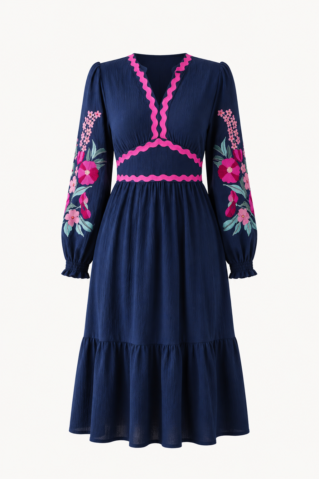 Navy and Pink Embroidered Tiered Midi Dress