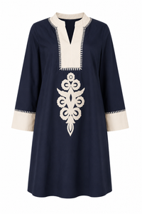 Navy Embroidered Cotton Mini Dress