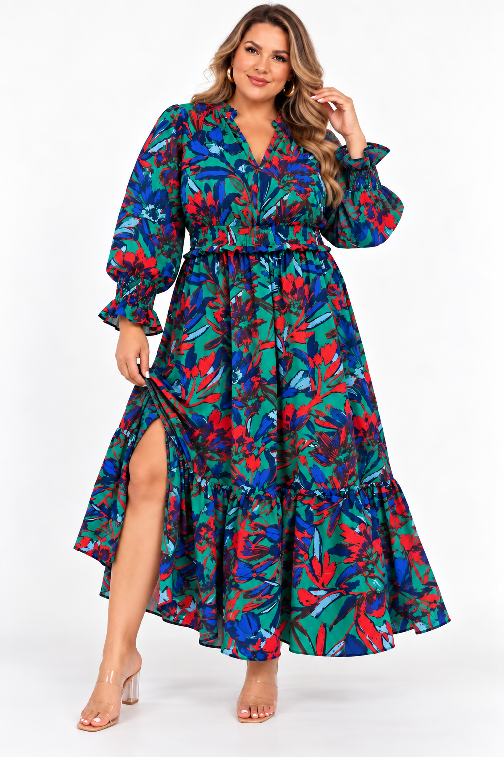 Tropical Long Sleeve Maxi Dress