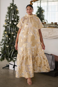 Mimy Gold Jacquard Organza Maxi Dress
