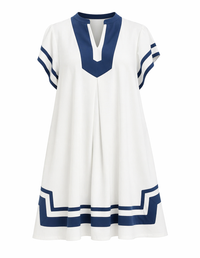 Linen Off-White and Blue Short Sleeve Dress