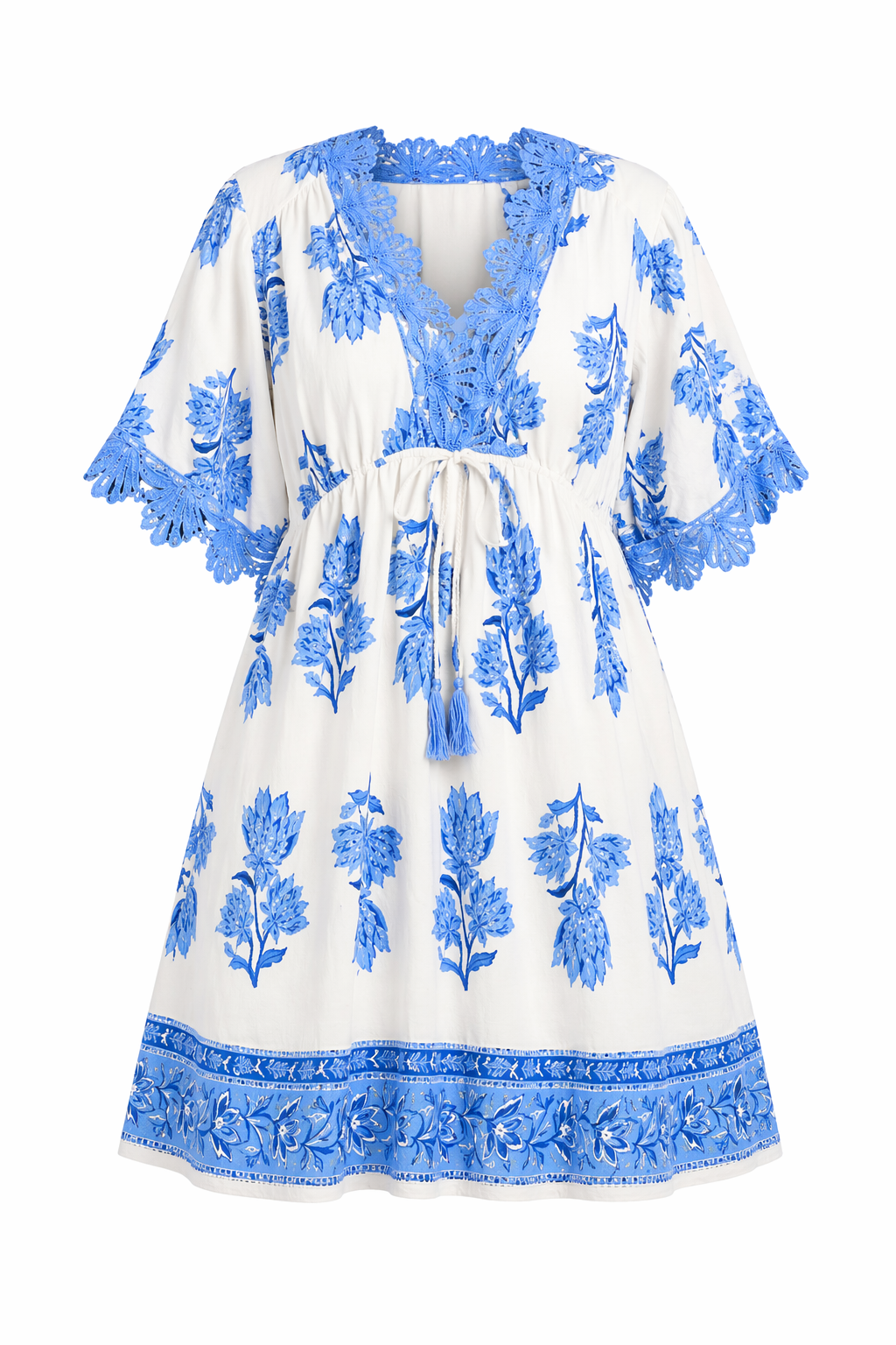 Abstract Print Lace V-Neck Tiered Dress