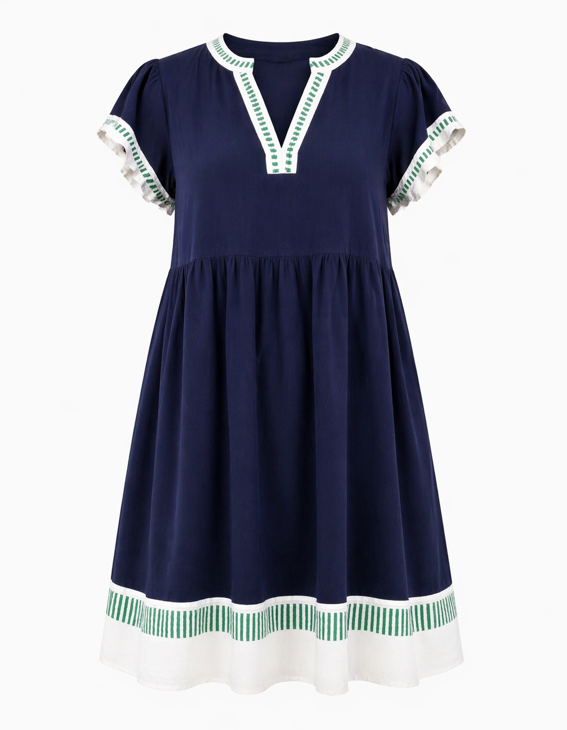 Navy Linen Color Block Flutter Sleeve Dress