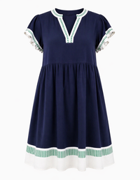 Navy Linen Color Block Flutter Sleeve Dress