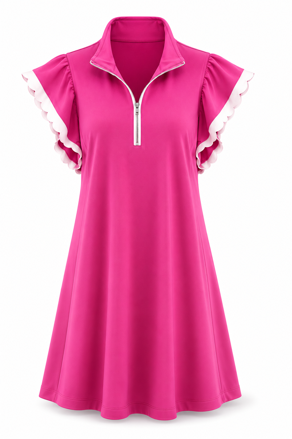 Pink Zip-Neck Flutter Sleeve Dress