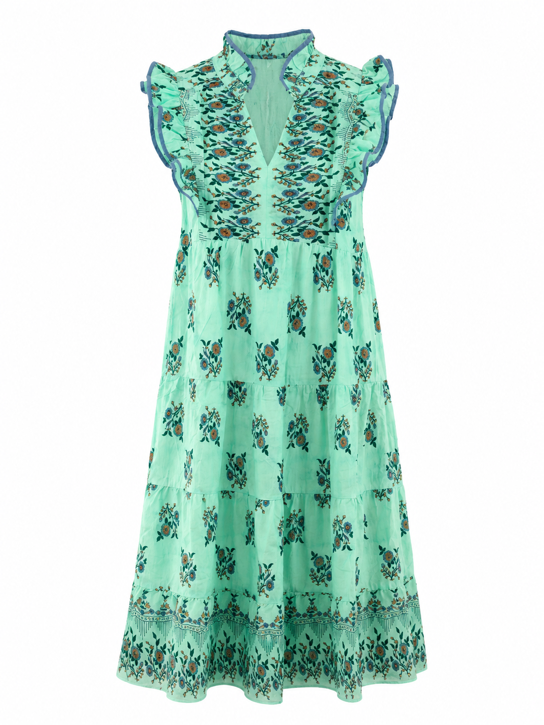Mint Floral Tiered Midi Dress with Ruffle Sleeves
