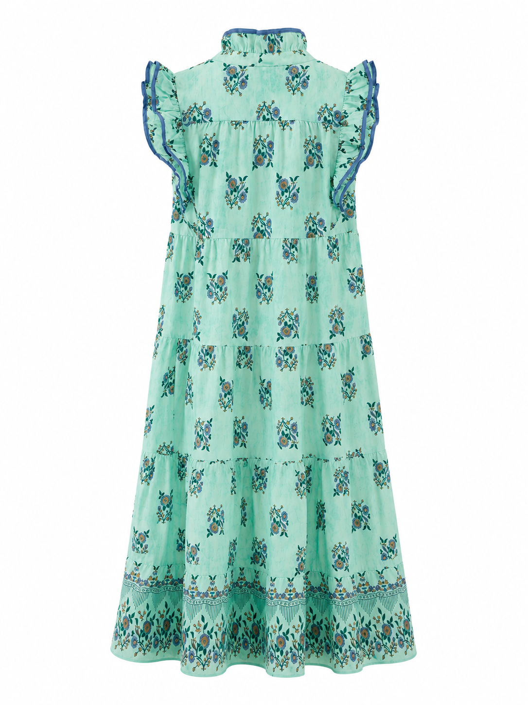 Mint Floral Tiered Midi Dress with Ruffle Sleeves