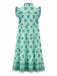 Mint Floral Tiered Midi Dress with Ruffle Sleeves