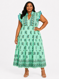 Mint Floral Tiered Midi Dress with Ruffle Sleeves