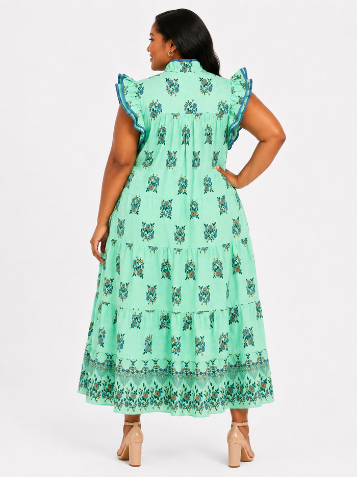 Mint Floral Tiered Midi Dress with Ruffle Sleeves