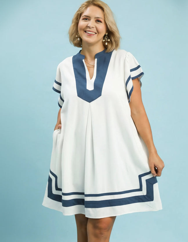 Linen Off-White and Blue Short Sleeve Dress