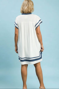 Linen Off-White and Blue Short Sleeve Dress