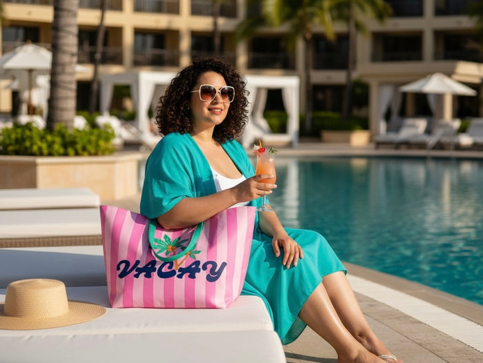 Woman by a pool holding a drink with a 'VACAY' bag, surrounded by palm trees and a building.